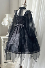 Black Ruffled Strap Mesh Lantern Sleeves High Waisted Irregular Hem Gothic Lolita OP Dress - Product - 9