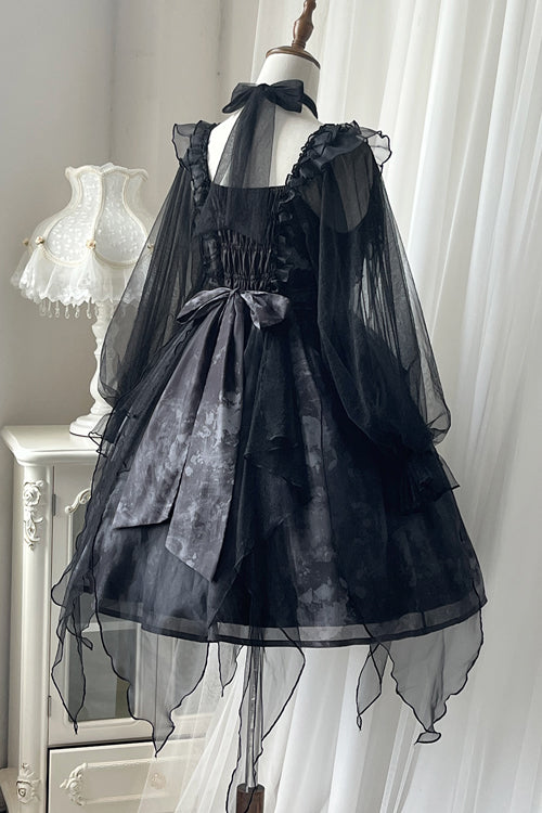 Black Ruffled Strap Mesh Lantern Sleeves High Waisted Irregular Hem Gothic Lolita OP Dress - Product - 9