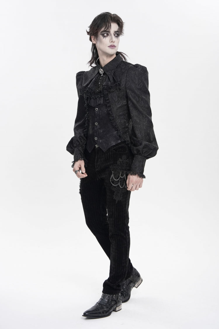 Black Lapel Collar Long Lantern Sleeves Jacquard Embroidered Lace Men's Gothic Palace Swallow-tailed Shirt with Necktie - Product - 7