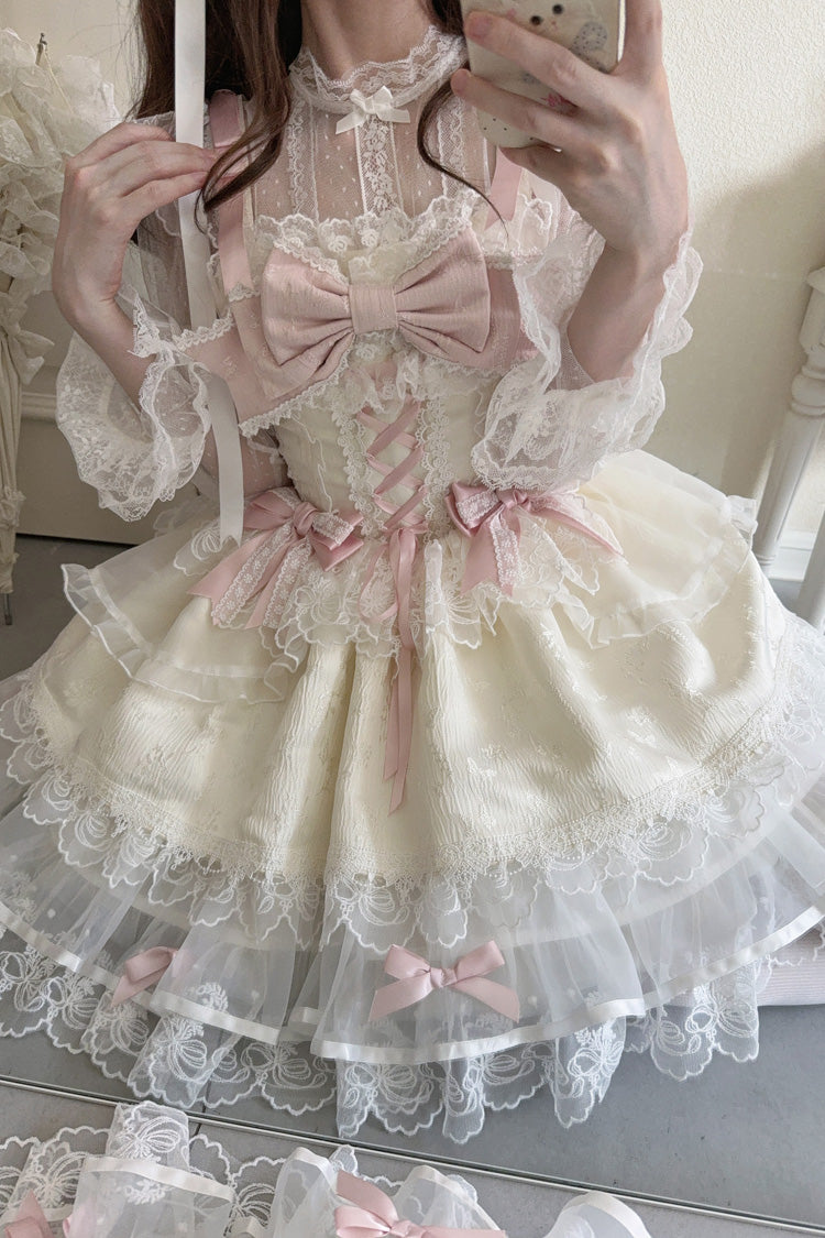 Apricot [Fleishi Island] Sleeveless Ruffle Bowknot Lace Slim Sweet Ballet Lolita Jsk Dress - Product - 9