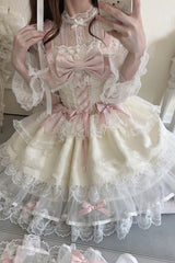 Apricot [Fleishi Island] Sleeveless Ruffle Bowknot Lace Slim Sweet Ballet Lolita Jsk Dress - Product - 9