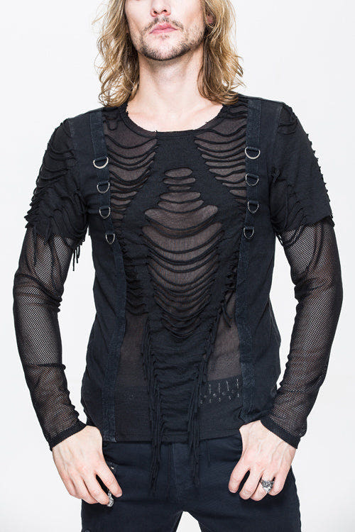 Black Knitted Diamond Mesh Mens Punk T-Shirt With Ribbons - Black - 1