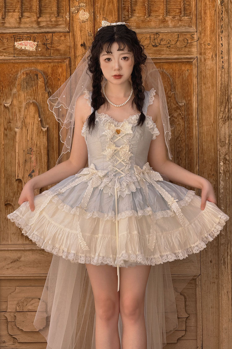Blue [Sweetheart Splolita] Ruffle Bowknot Lace-Up Sweet Lolita Skirt Set - Blue - 1