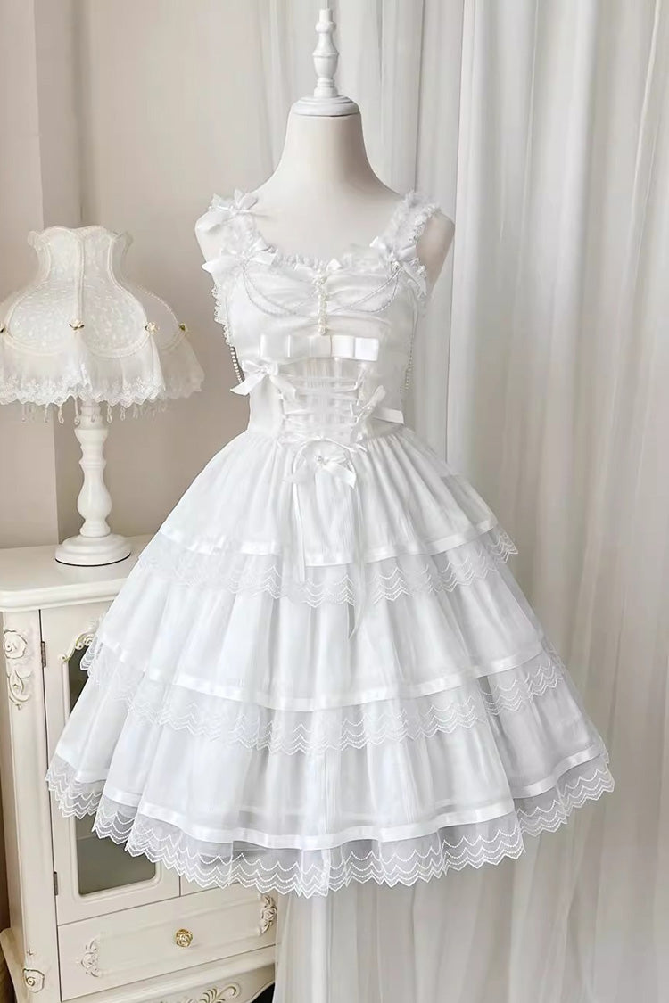 White Sleeveless Multi-layer Ruffle Bowknot Sweet Princess Lolita Jsk Dress - Product - 3
