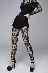 Brown Flocking Printing Mesh Side Lace Up Leggings Womens Pants - Product - 3
