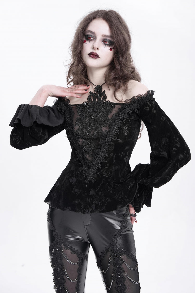 Black Off Shoulder Hollow Embroidery Women's Gothic Blouse - Black - 1