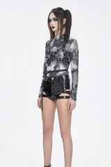Black/Gay Tie Dyed Strappy Long Sleeved Womens Punk Shirt - Product - 4
