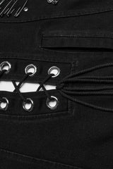 Black Side Drawstring Sleeveless Pin Decoration Hooded Womens Steampunk Long Vest - Product - 10