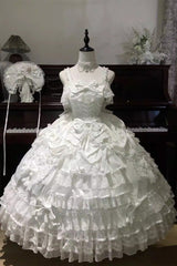 White [Ode of the Curtain] Multi-Layered Ruffled Hanayome Open-Front Bow Lace Lace-Up Sweet Long Lolita Jsk Dress - Product - 3