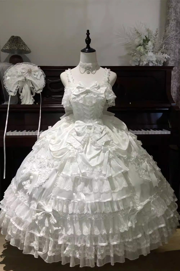 White [Ode of the Curtain] Multi-Layered Ruffled Hanayome Open-Front Bow Lace Lace-Up Sweet Long Lolita Jsk Dress - Product - 3