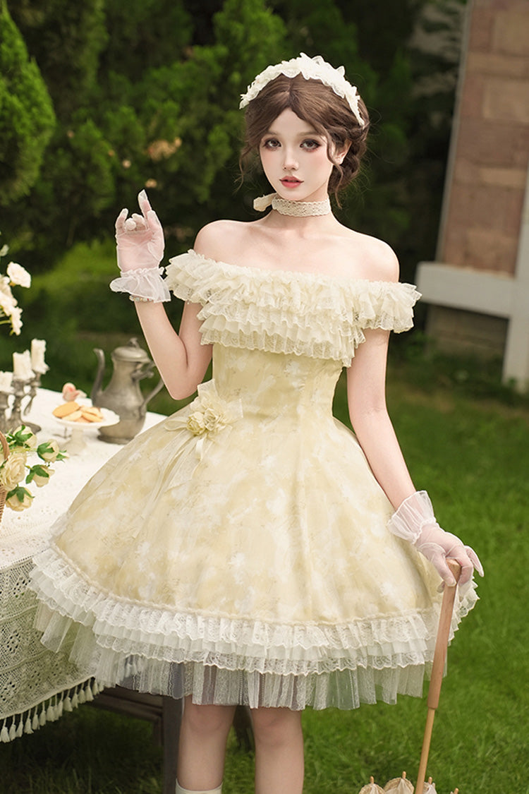 Yellow [Falling Flowers as a Message] Square Collar Flying Sleeves Print Ruffle Lace Sweet Elegant Lolita Short Dress - Yellow - 1
