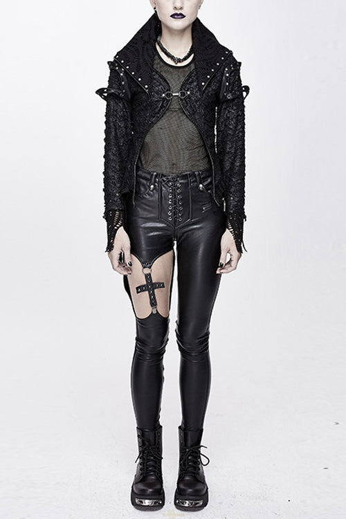 Black Punk Rock Short Front And Long Back Broken Holes Womens Jacket - Black - 1
