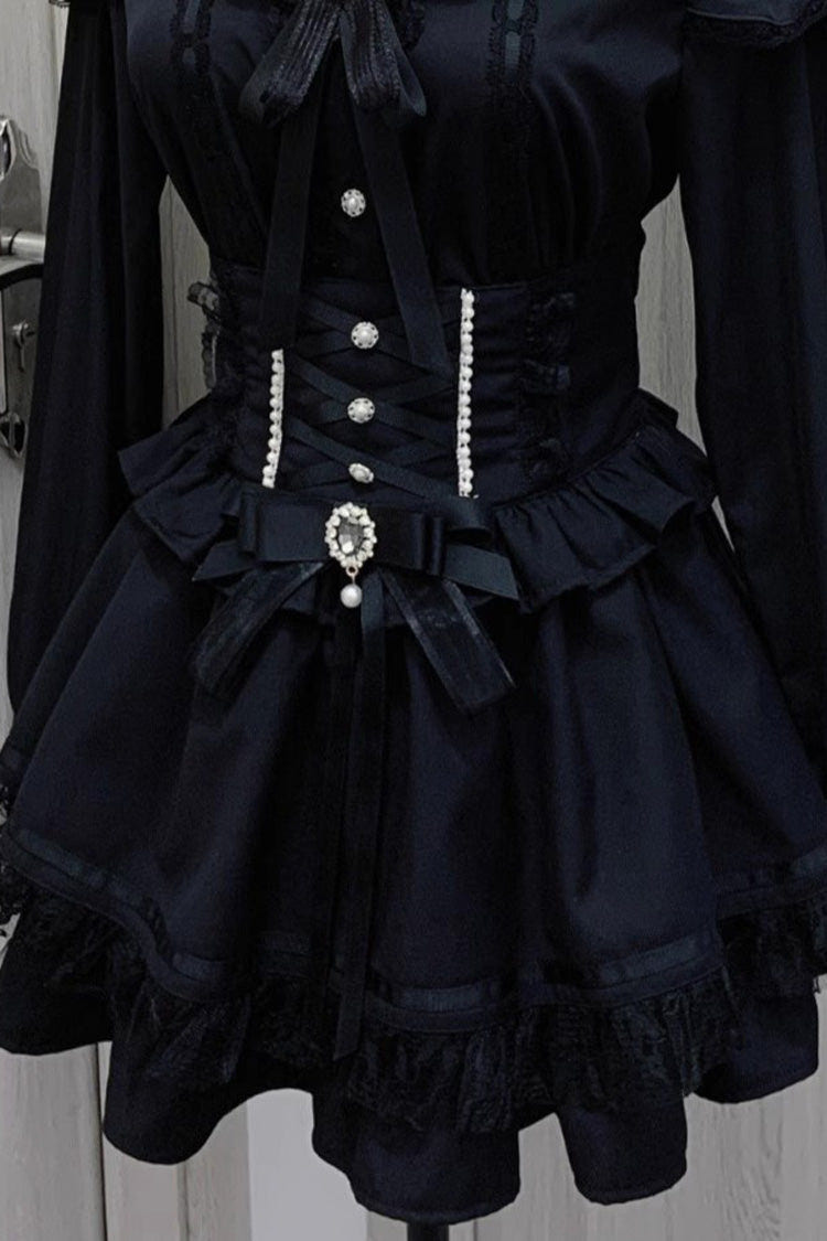 Black Ruffle Bowknot Lace Lace-Up Pearl Jirai Kei Japanese Skirt - Product - 3
