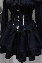 Black Ruffle Bowknot Lace Lace-Up Pearl Jirai Kei Japanese Skirt - Product - 3