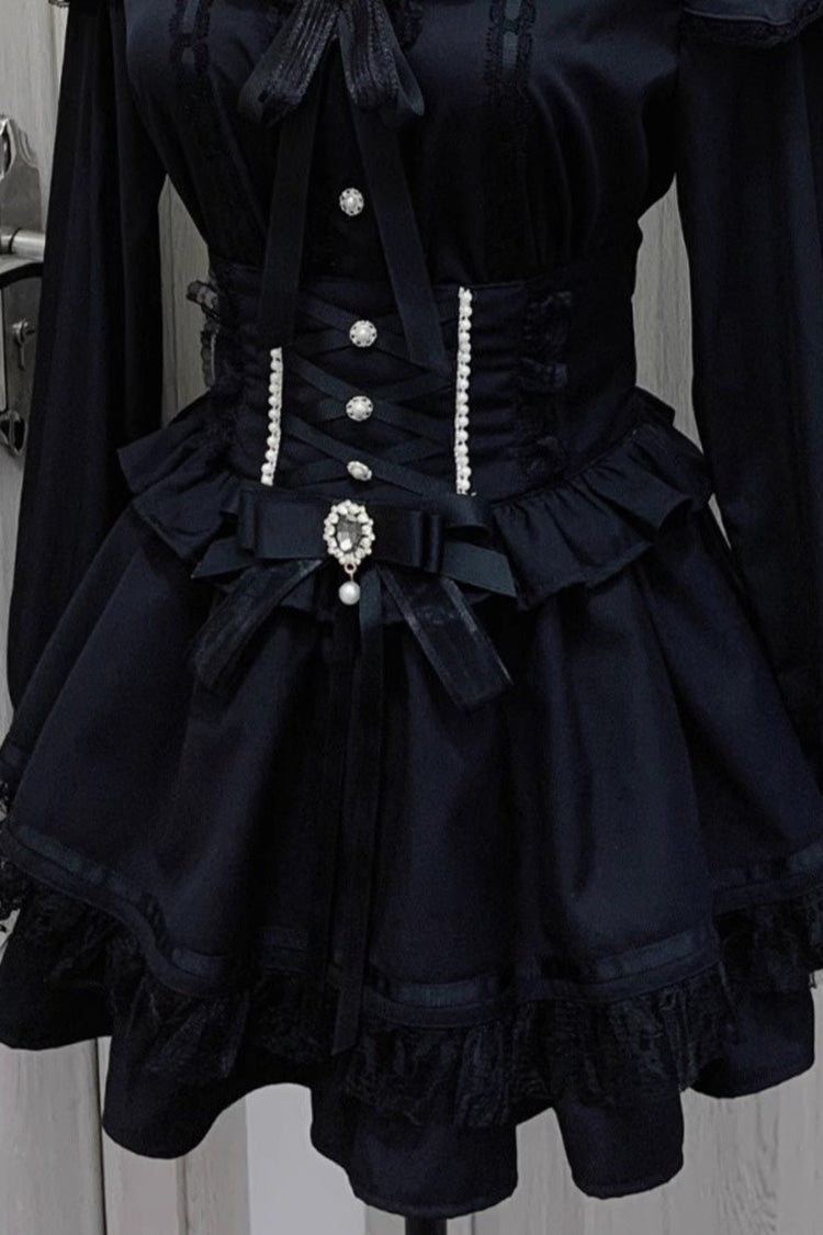Black Ruffle Bowknot Lace Lace-Up Pearl Jirai Kei Japanese Skirt - image 3