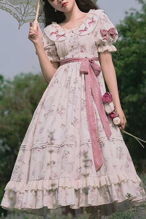 White Flower Print Short Sleeves Bowknot Ruffled Sweet Lolita OP Dress - White - 1