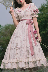 White Flower Print Short Sleeves Bowknot Ruffled Sweet Lolita OP Dress - White - 1