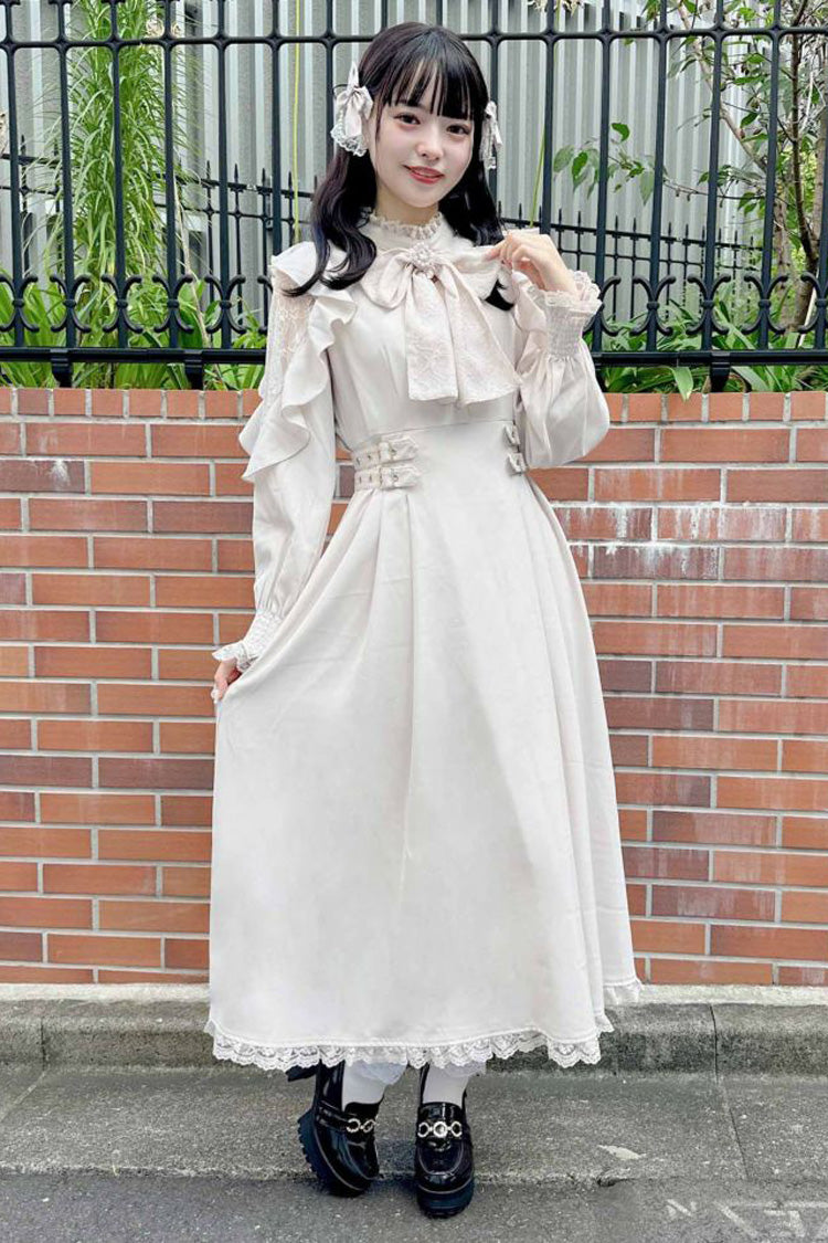 White Stand Collar Off Shoulder Long Sleeves Hollow Bowknot Slim Jirai Kei Japanese Dress - Product - 11