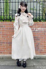 White Stand Collar Off Shoulder Long Sleeves Hollow Bowknot Slim Jirai Kei Japanese Dress - Product - 11