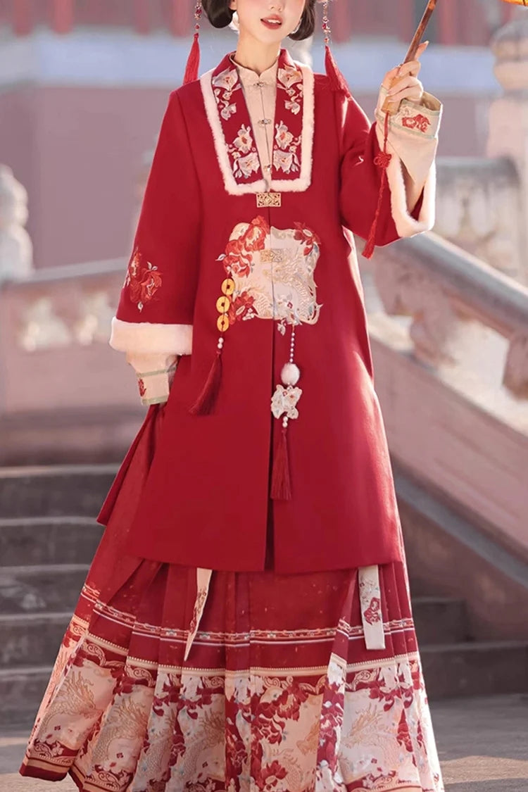 Red Classic Chinese Style V Collar Embroidery Long Sleeves Womens Hanfu Three Piece - Red - 1