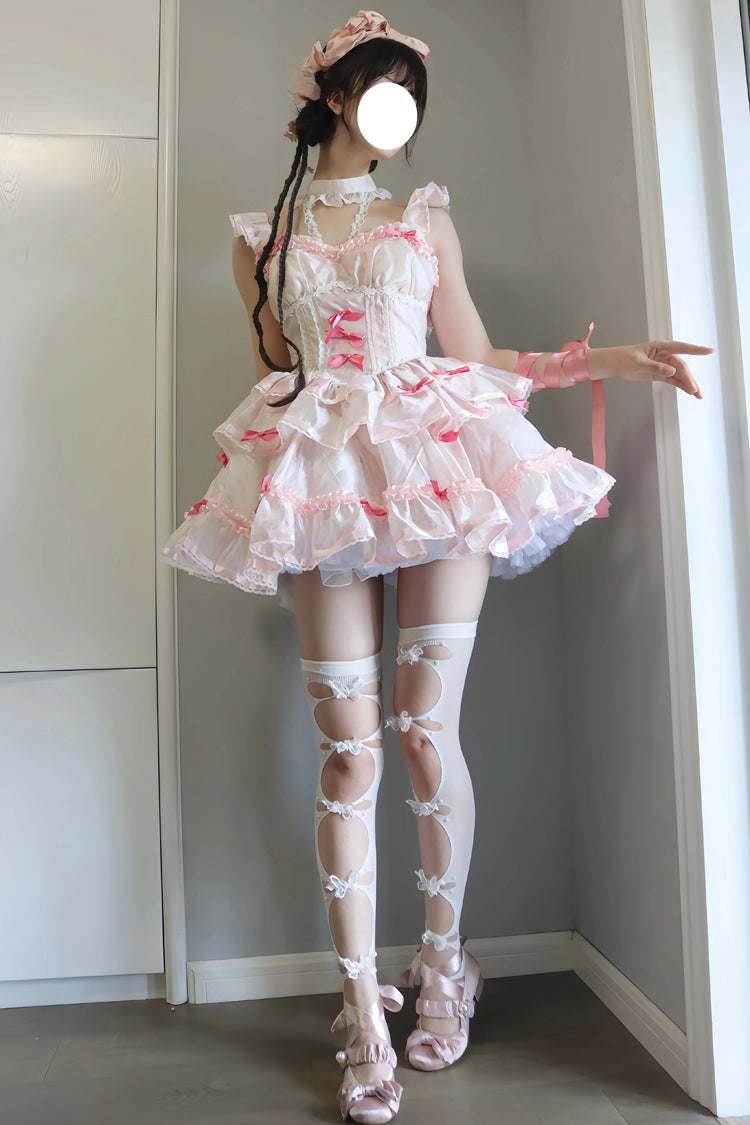 White/Pink Multi-layer Ruffle Ballet Bowknot Sweet Lolita Jsk Dress - Product - 6