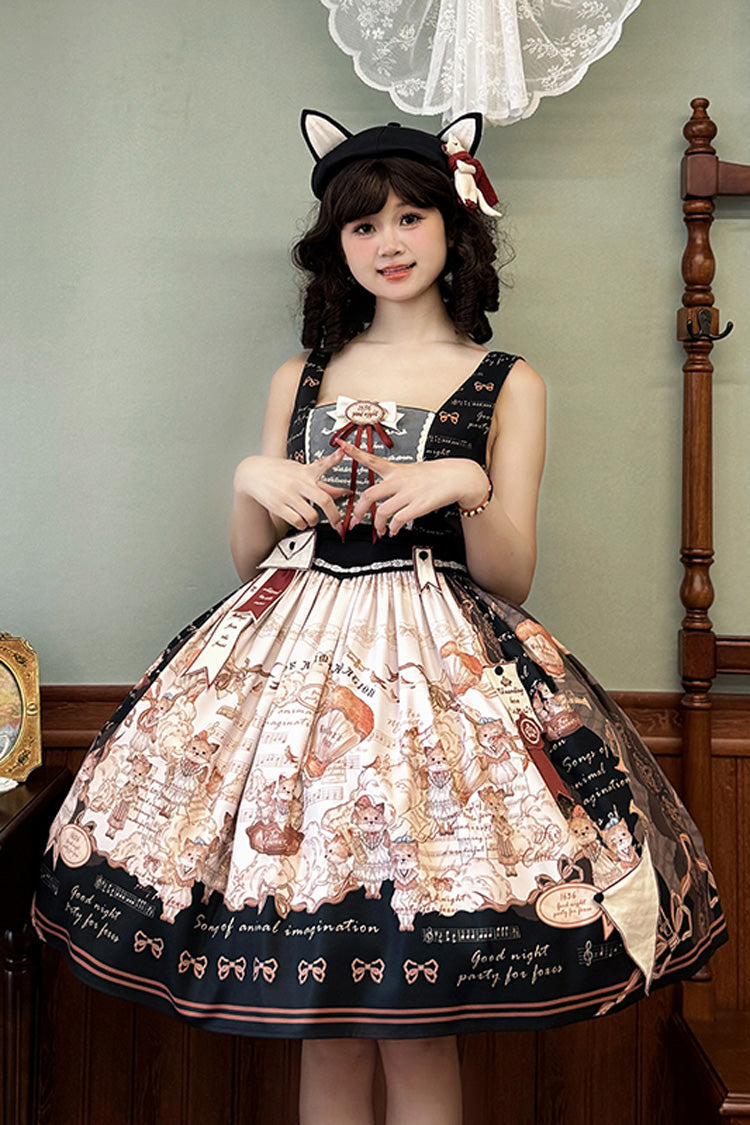 Black [Fox Band] Print Square Collar Bowknot Classic Lolita Jumper Dress - Product - 1