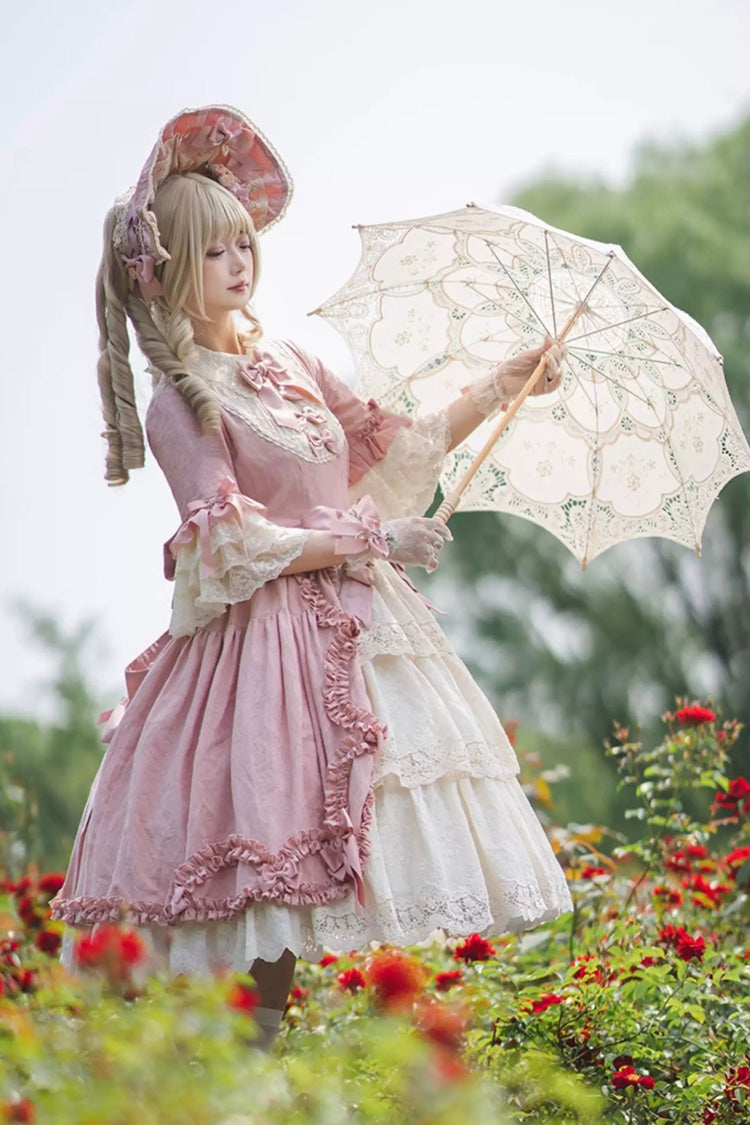 Pink [Lilica Garden] Lapel Collar Short Trumpet Sleeves Ruffled Open-Front Bow Lace Sweet Elegant Luxurious Lolita Dress - Pink - 1