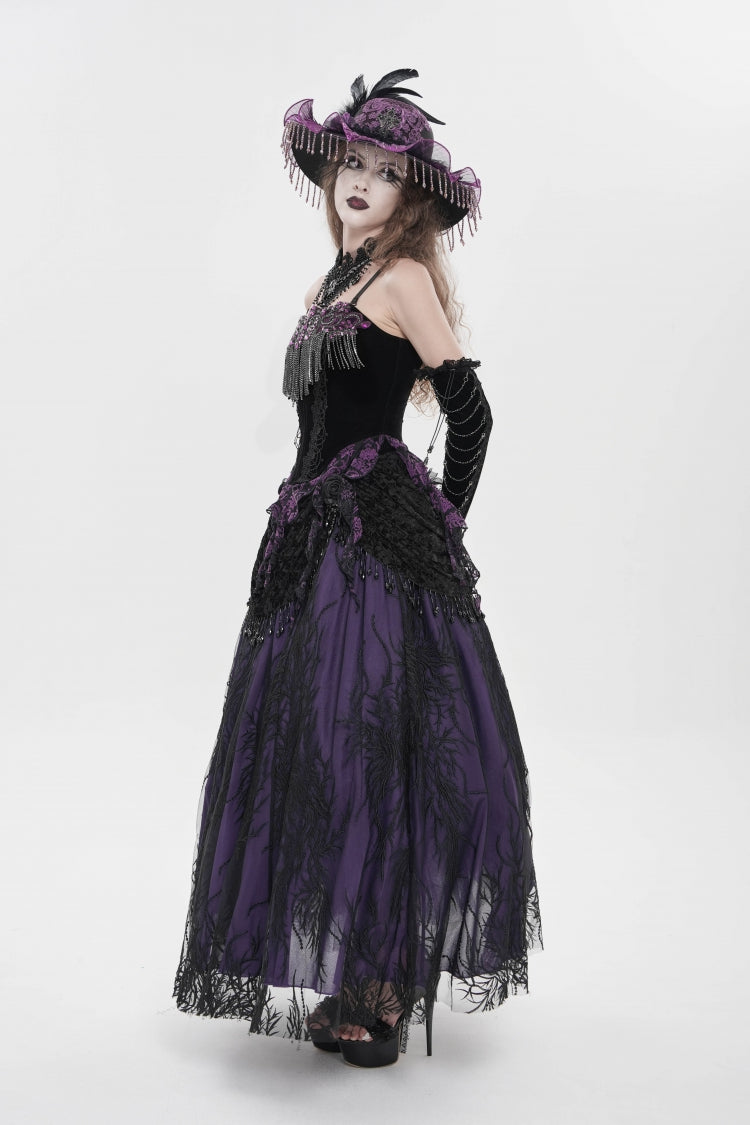 Black/Purple Lace-Up Women's Gothic Embroidered Tassels  Overbust Corset - Product - 6