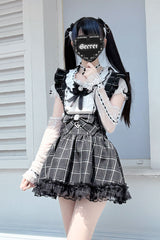Black Plaid Print Ruffle Bowknot Lace Jirai Kei Japanese Skirt - Product - 3