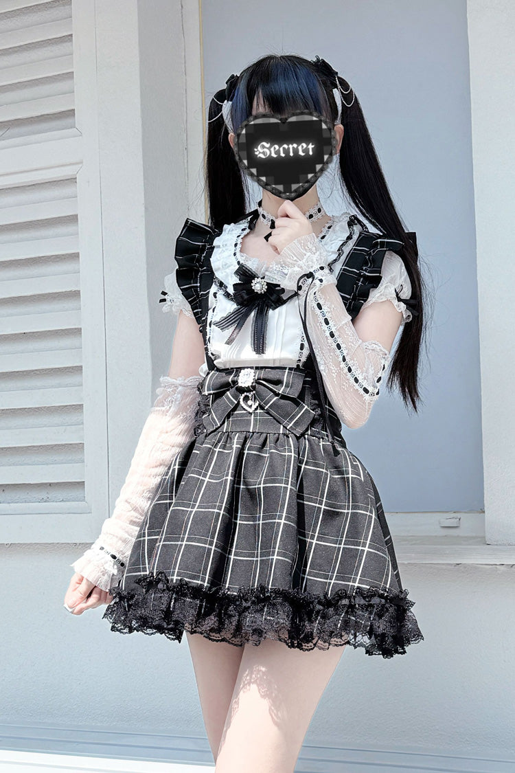 Black Plaid Print Ruffle Bowknot Lace Jirai Kei Japanese Skirt - Product - 3
