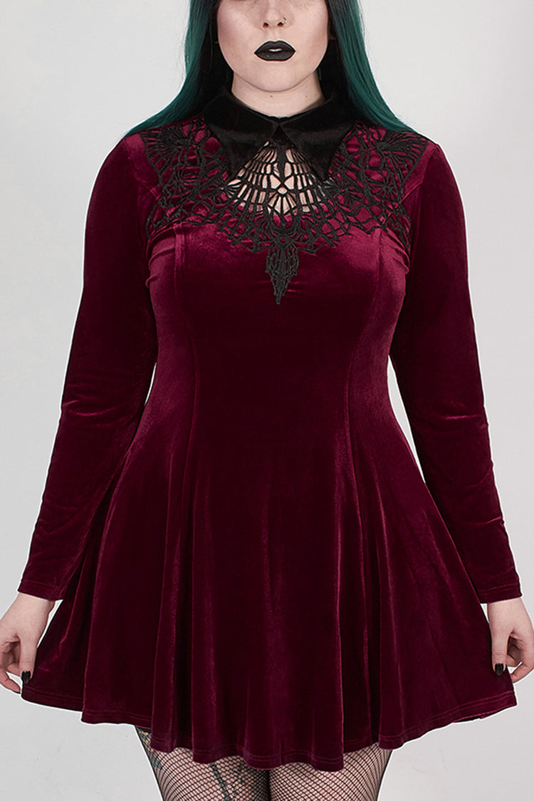 Red Velvet Front Chest Hollow-Out Decals Back Lace-Up Long Sleeve Plus Size Women's Gothic Dress - Red - 1