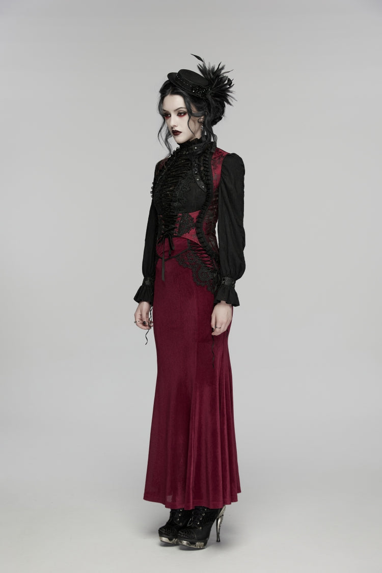 Black/Red Jacquard Embroidered Lace Lace-Up Slim Women's Gothic Vest - Product - 3