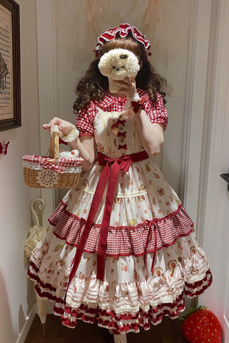 Red/Ivory [Little Flying Strawberry] Square Collar Sleeveless Multi-Layered Printed Ruffled Bow Sweet Lolita Jsk Dress - Product - 2