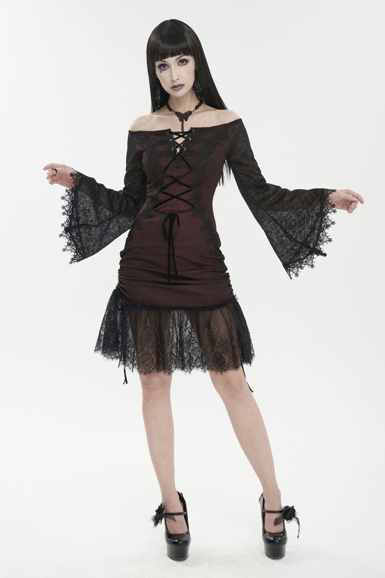 Red Elastic Texture One-Shoulder Hem Splicing Lace Bell Sleeve Women's Gothic Dress - Product - 3