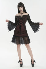 Red Elastic Texture One-Shoulder Hem Splicing Lace Bell Sleeve Women's Gothic Dress - Product - 3