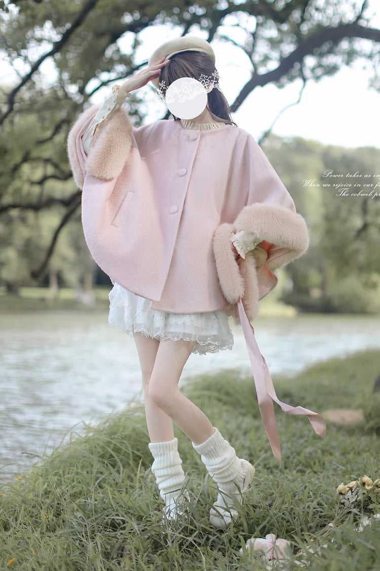 Pink Long Sleeves Lace Sweet Japanese Lolita Fluffy Cloak Coat - Product - 10