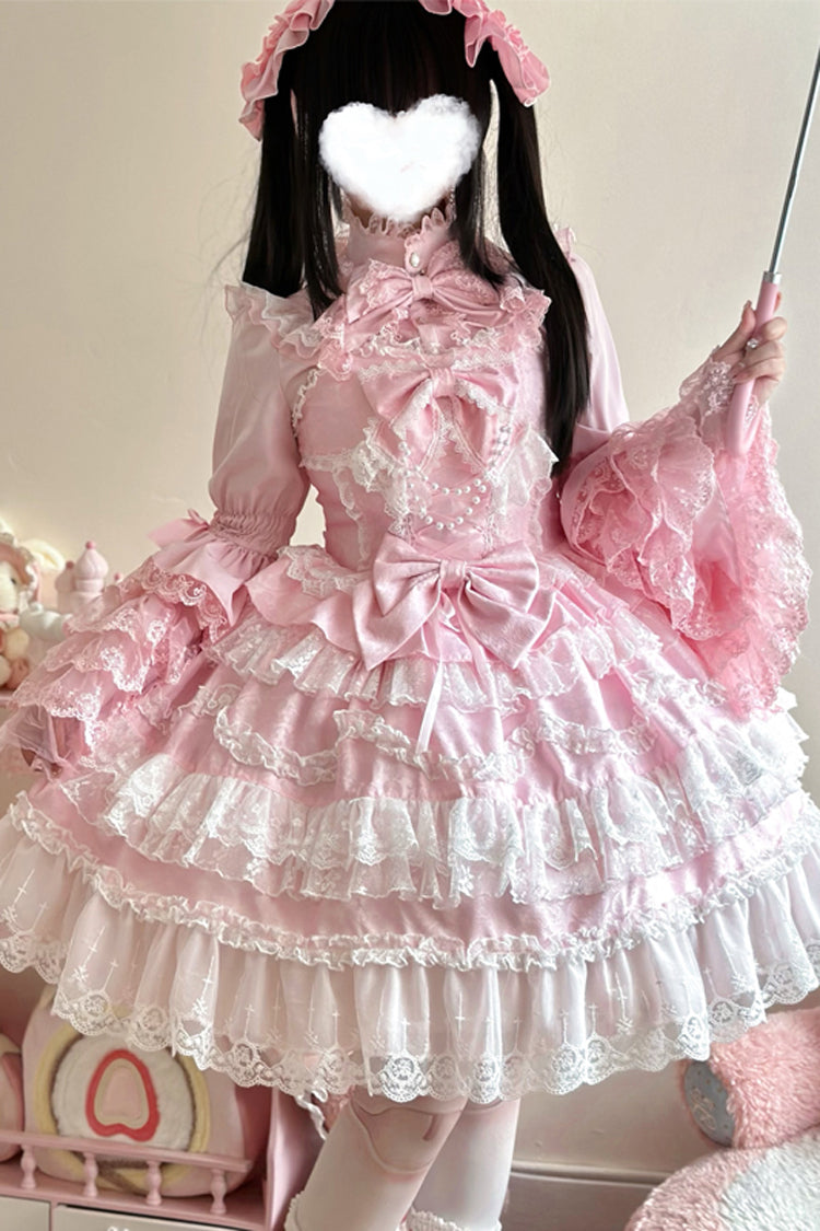 Pink [Love and Heart Flutter] Sleeveless Multi-Layered Ruffle Bowknot Lace Pearl Sweet Lolita Jsk Dress - Product - 3
