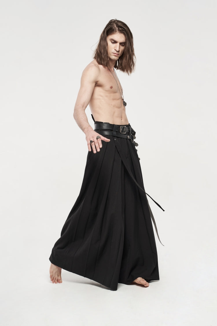 Black Asymmetric Buckled Men's  Japanese Punk Warrior Pantskirts With Harness - Product - 8