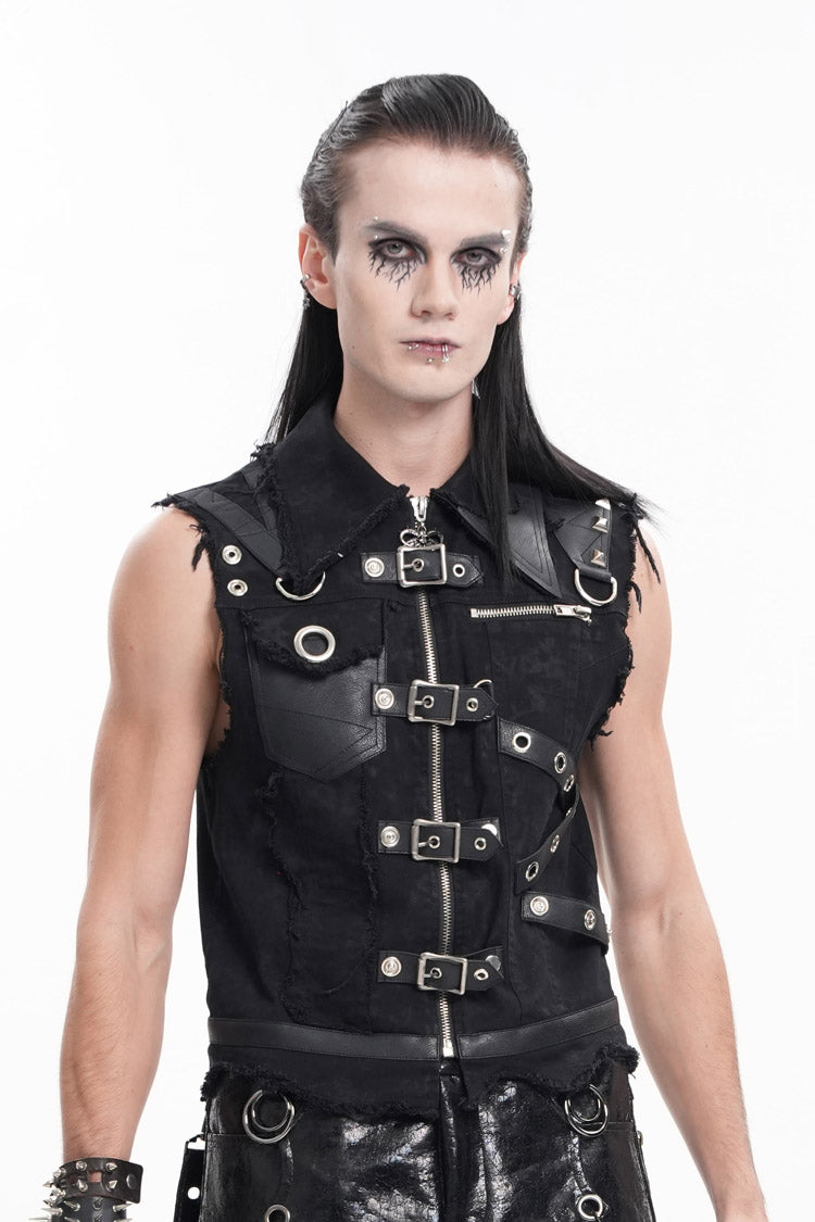 Black Lapel Collar Sleeveless Ripped Buckle Eyelets Men's Gothic Vest - Product - 9