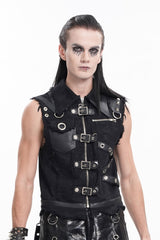 Black Lapel Collar Sleeveless Ripped Buckle Eyelets Men's Gothic Vest - Product - 9