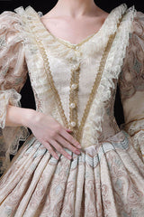 Champagne Trumpet Sleeves Lace Stitching High Waisted Hollow Embroidery Print Victorian Lolita Prom Dress - Product - 4