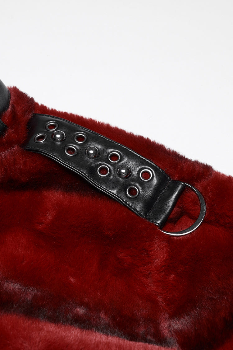 Red Stand Collar Long Sleeves Buckle Straps Faux Fur Women's Punk Short Cloak - Product - 6