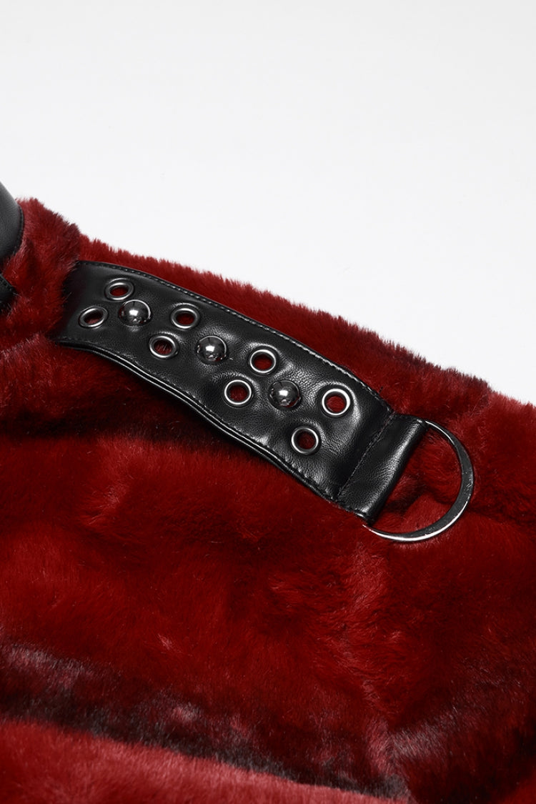 Red Stand Collar Long Sleeves Buckle Straps Faux Fur Women's Punk Short Cloak - Product - 6