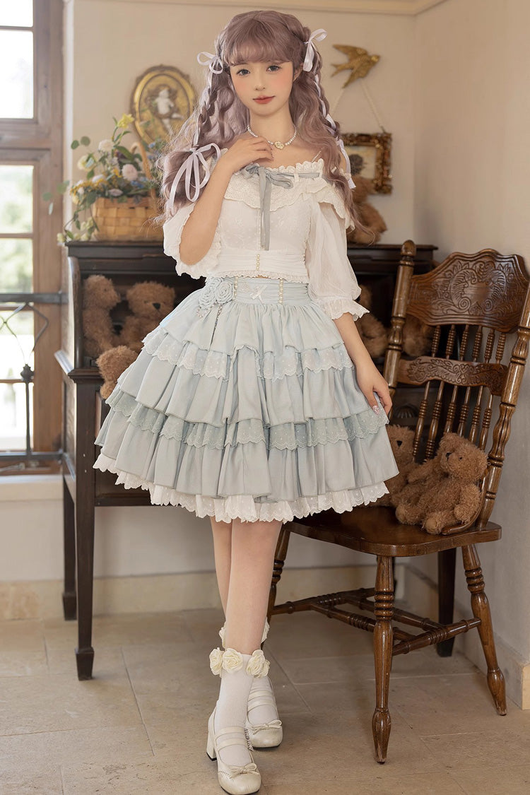Light Blue Rose Multi-layer Ruffle Princess Sweet Lolita Skirt - Blue - 1