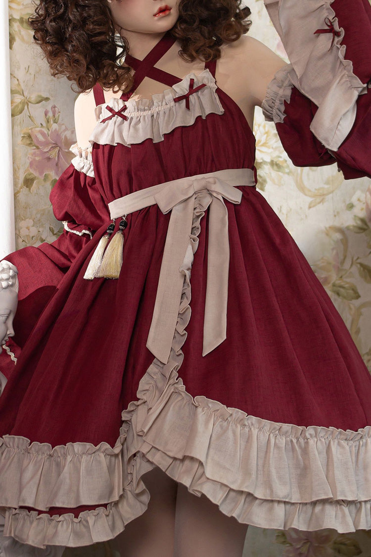 Red [Monet Estate] Sleeveless High Waisted Ruffle Bowknot Asymmetric Gothic Lolita Jsk Dress - Product - 7