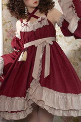 Red [Monet Estate] Sleeveless High Waisted Ruffle Bowknot Asymmetric Gothic Lolita Jsk Dress - Product - 7