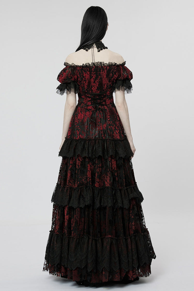 Short Puff Sleeves Print Ruffle Lace Women's Gothic Dress 2 Colors - Product - 11
