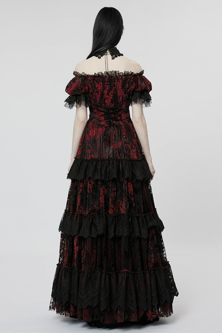Short Puff Sleeves Print Ruffle Lace Women's Gothic Dress 2 Colors - Product - 11