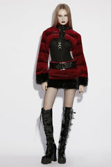 Red Stand Collar Long Sleeves Buckle Straps Faux Fur Women's Punk Short Cloak - Product - 4