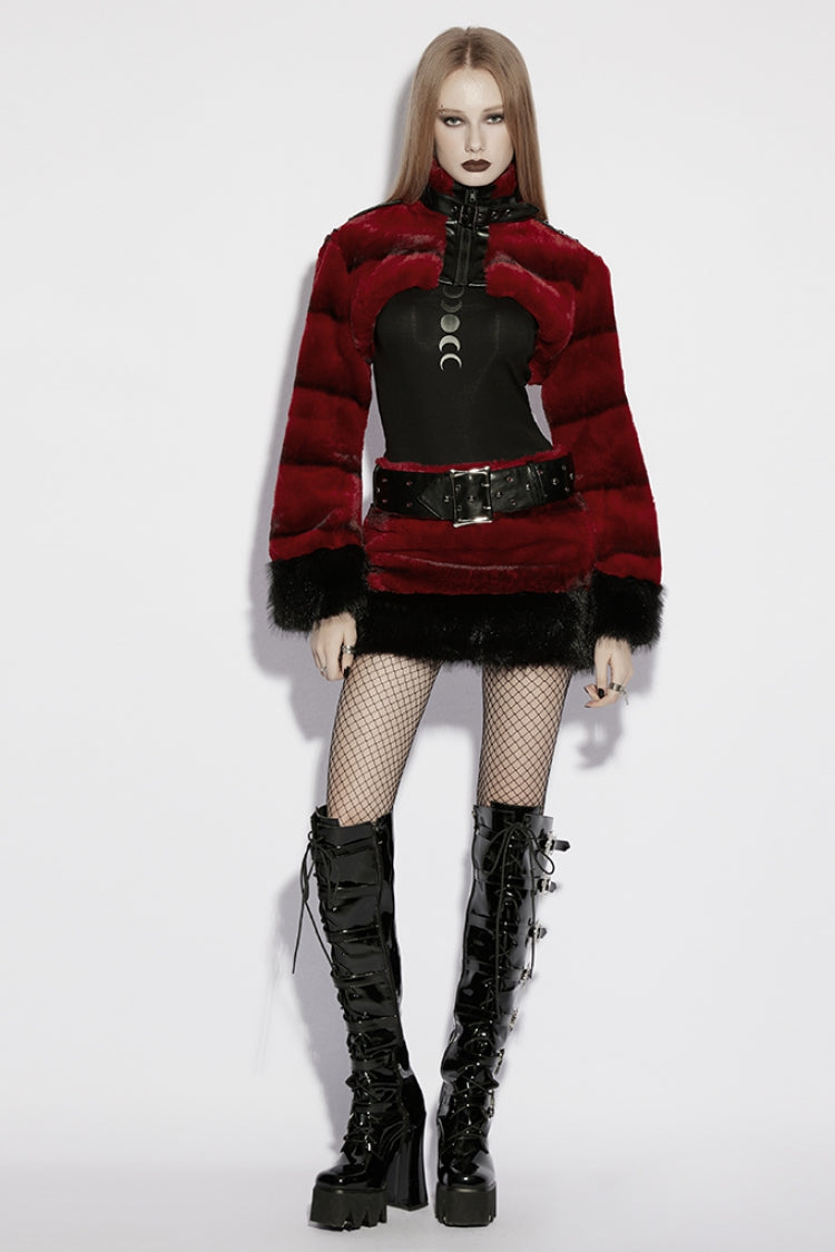 Red Stand Collar Long Sleeves Buckle Straps Faux Fur Women's Punk Short Cloak - Product - 4